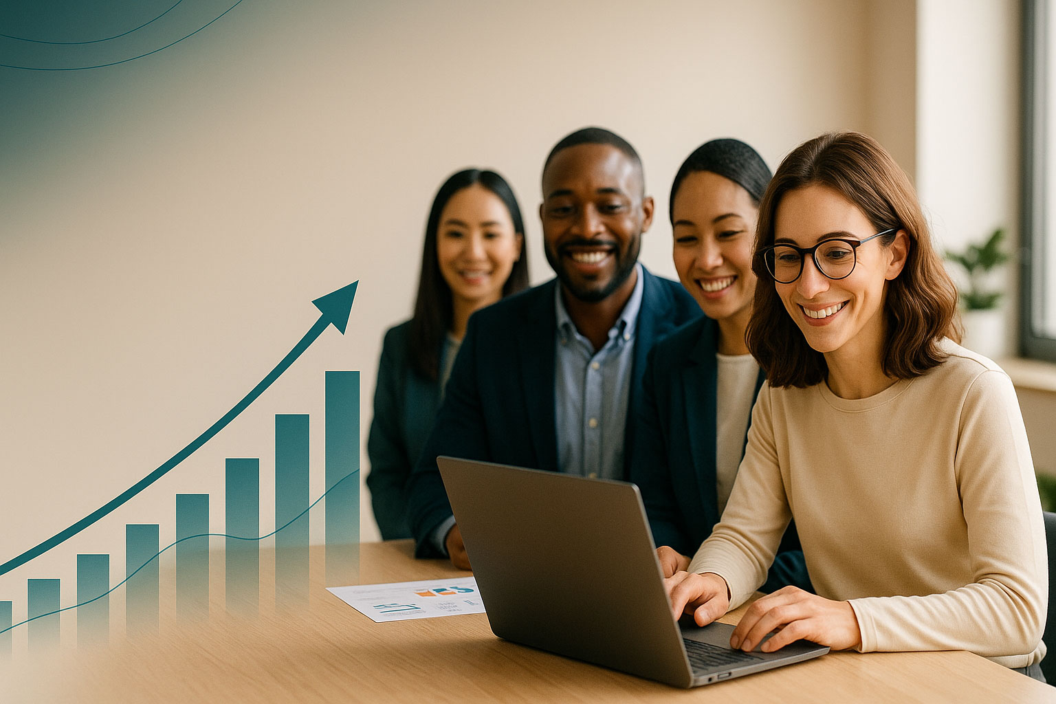 Increased revenue — confident team reviewing growth charts